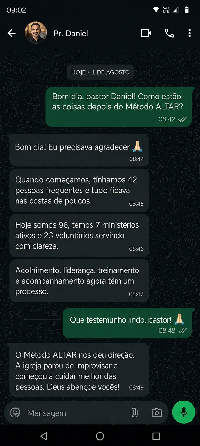 Print da conversa com o pastor Daniel sobre a organização da igreja e dos ministérios