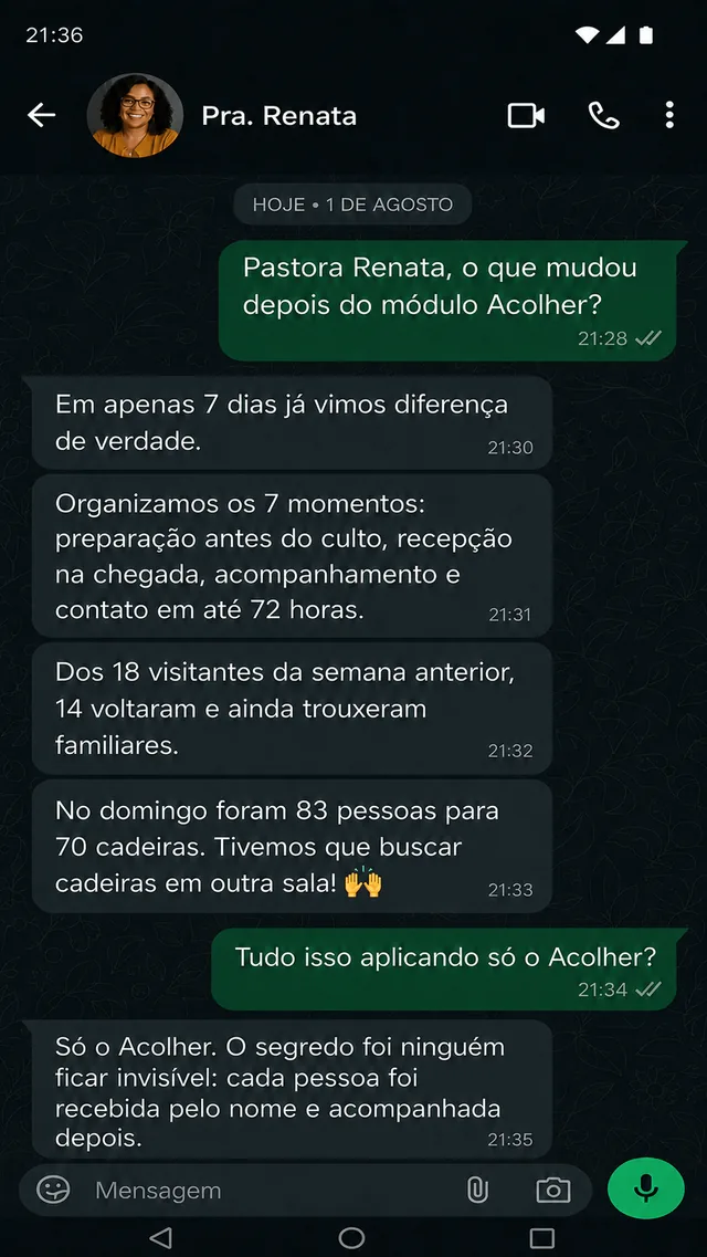 Print da conversa com a pastora Renata sobre os resultados após aplicar o módulo Acolher